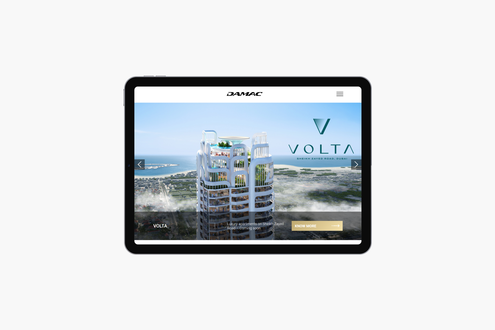 Damac Properties Webpage optimised for Landscape Tablet View